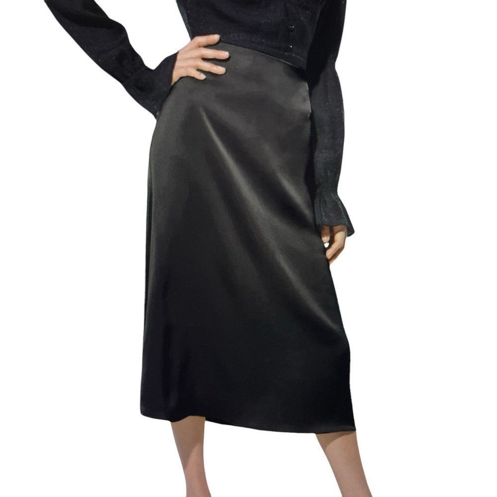 High Waisted Satin Midi Slip Skirt Black Elastic Waist Back slit zipper Small